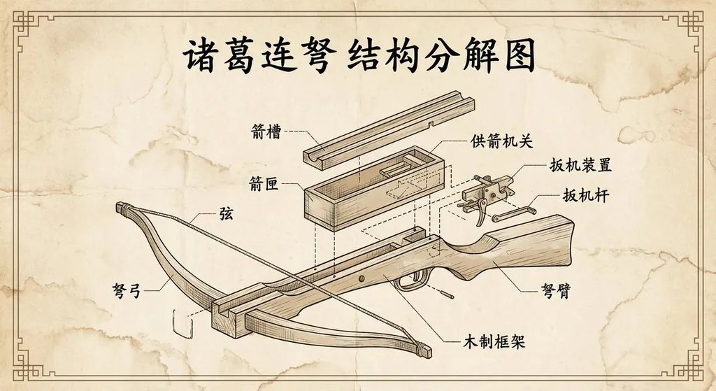 诸葛连弩的复古风格工程爆炸图