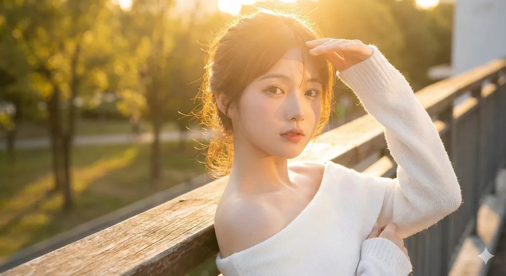 身着白色针织上衣的阳光女孩