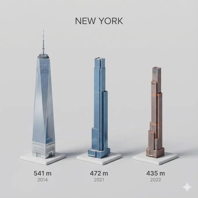 微缩3D卡通视图展城市最高的三座建筑