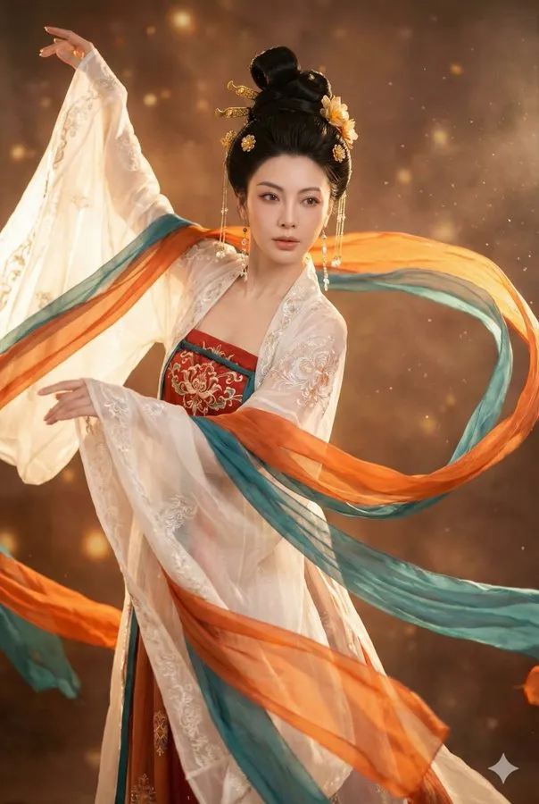 一位身着华丽唐代服装的年轻女子