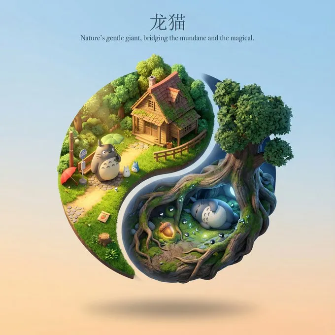 漂浮的太极可爱3D卡通立体场景